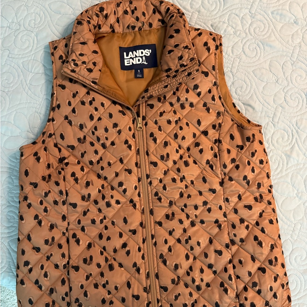 Lands' End Tan Quilted Vest with Black Spots